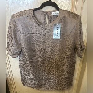 NEW SilkLand Womens 100% Silk Jacquard Short Sleeve Blouse Brown Taupe Sz M Wash